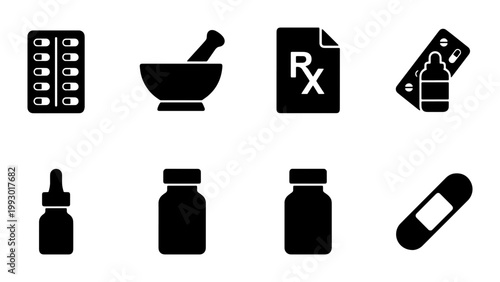 Pharmacy and medical icons set, black solid medicine symbols, pharmaceutical healthcare vector elements for prescription and first aid