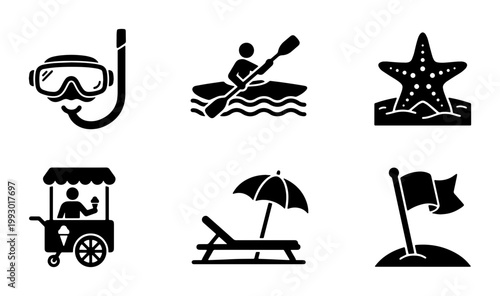 Summer beach vacation icon set, black solid vector symbols of snorkeling mask and kayaking, tropical holiday travel elements for tourism apps