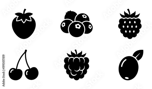 Minimalist berry icon set, black silhouette fruit vector collection, strawberry cherry and blueberry symbols for food packaging and menu design