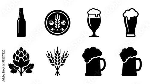 Craft beer icon set with 8 vector elements, brewery symbols including glass mugs and bottles, hops and wheat stalks for pub branding and menus