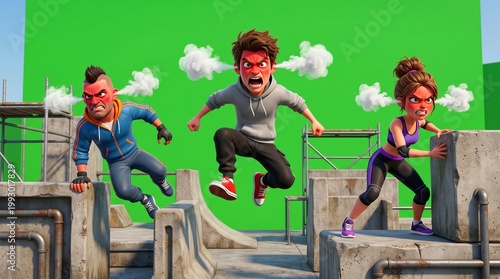 Animated Characters Expressing Anger and Frustration on Green Screen.