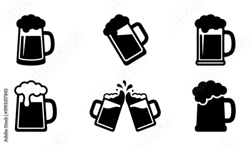 Minimalist beer mug icon set, black silhouette brewery glass symbols, collection of 6 vector ale pint illustrations for bar menus and pub branding