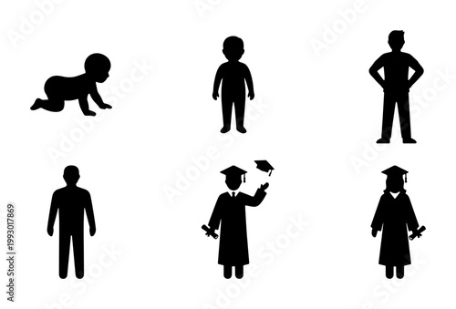 Human life cycle silhouettes, set of 6 male aging process icons, baby to graduate student vector, growth and education stages