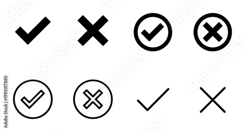 Minimalist check mark and cross icon set, black tick and x mark vector symbols, simple validation and rejection signs for web interface design