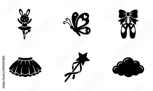 Ballet icons set with 6 black vector elements, cute ballerina bunny and pointe shoes, magic wand and tutu skirt silhouettes for dance school branding
