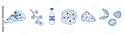 Pizza elements set. Navy blue sketch vector doodle pizza, slice of pizza, olive oil bottle, basil leaves, tomato, Parmesan, pepper. Italian food illustration for menus, labels, or posters