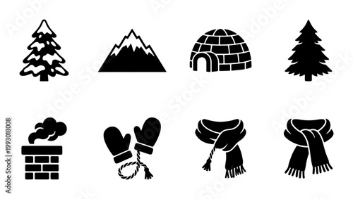 Winter icon set with 8 black vector elements, cold weather symbols including pine trees and mountains, seasonal clothing and igloo graphics