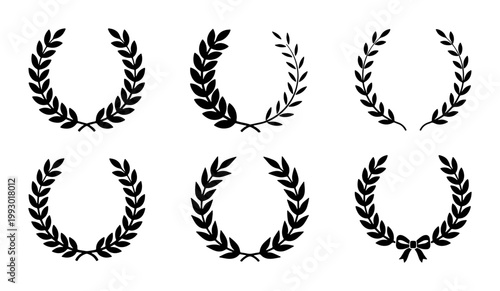 Laurel wreath vector set, black heraldic leaf circular frames, 6 award laurel branch icons for victory and achievement, decorative olive foliage borders