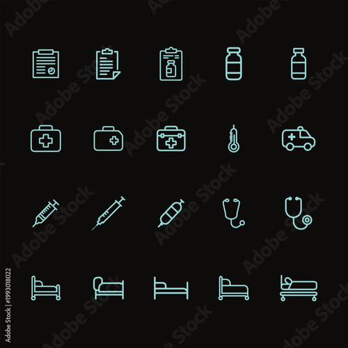 Neon Medical Icon Set Glow Line Healthcare Vector Collection.