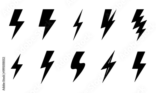 Black lightning bolt icons set, minimalist thunderbolt silhouettes, 10 electric flash vector symbols, power and energy graphic elements for logo design