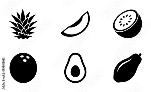 Minimalist tropical fruit icon set, black solid vector symbols of pineapple and coconut, organic food avocado and papaya illustrations for healthy menu design