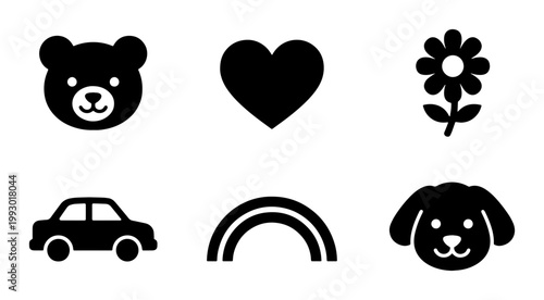 Minimalist nursery icon set with 6 black vector symbols, cute baby bear and puppy dog faces, simple heart and rainbow shapes for kids decor