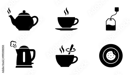 Minimalist tea and coffee icons set, black silhouette beverage symbols including teapot and kettle, 6 vector elements for cafe menu design