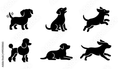 Dog silhouette vector set, 6 black puppy icons in various poses, canine breed silhouettes including poodle and labrador, flat animal graphics for pet logos