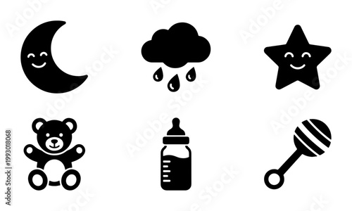 Baby nursery icon set, 6 black solid vector symbols, cute infant toys and bedtime elements, newborn care and childhood graphics for mobile apps