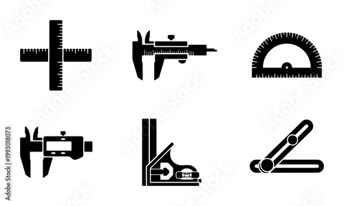 Cuadro en lienzo Precision measurement tool icons, black silhouette engineering equipment set, 6