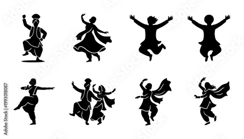 Bhangra dance silhouettes set, traditional Indian folk dancers in festive poses, Punjabi cultural celebration vector icons, black figures on white background