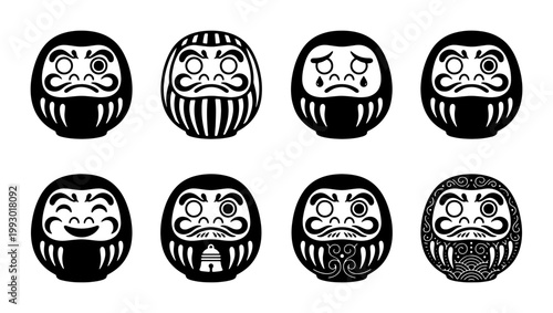 Japanese Daruma Doll Vector Icons, Traditional Zen Buddhist Talisman Set of 8, Black and White Minimalist Folk Art Illustrations for Luck and Success