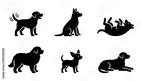Minimalist dog silhouette icons, set of 6 black canine vector shapes, pet behavior and breed silhouettes for veterinary and animal care branding
