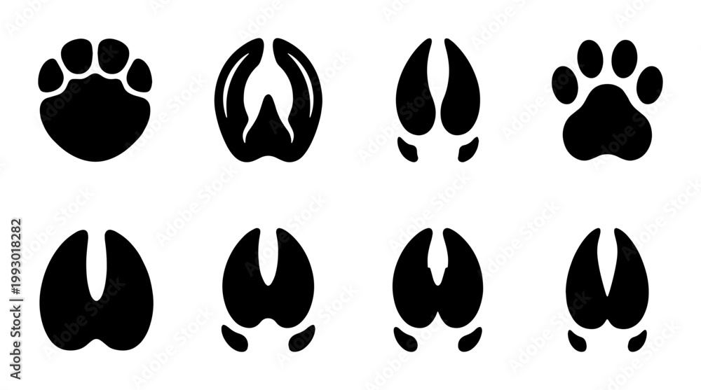 Fototapeta premium Animal track silhouettes set, 8 black paw and hoof print icons, wildlife footprint vector collection for nature education and hunting guides