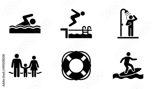 Swimming and beach activities icon set, 6 black vector pictograms for summer vacation, water sports and pool safety symbols for signage