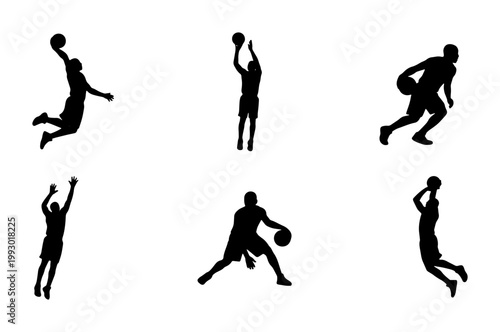 Basketball player silhouettes set, 6 black vector icons of athletes playing ball, dunking and dribbling poses for sports graphic design