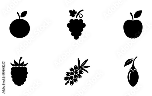 Minimalist fruit icon set, black silhouette fruit symbols including apple and grapes, collection of 6 organic food vector illustrations for grocery branding