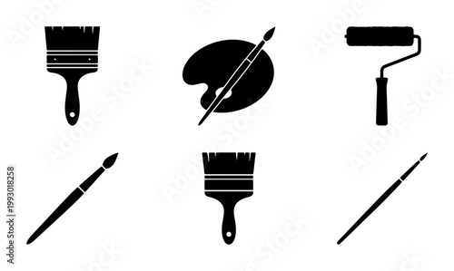 Black silhouette painting tools icon set, artist paint brushes and palette vector collection, 6 professional renovation and fine art equipment symbols