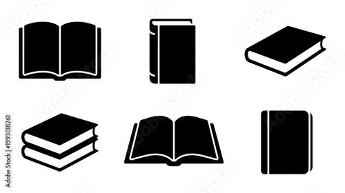 Minimalist book icon set, black silhouette library symbols, collection of 6 vector book illustrations for education and reading design