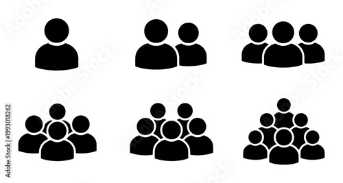 Minimalist user icon set, black human silhouette avatars, 6 group and team member symbols for business interface design and web navigation