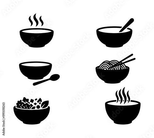 Minimalist soup bowl icon set, black silhouette food bowl vectors, steaming hot meal symbols, 6 restaurant menu graphic elements for dining apps