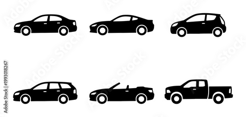Black car silhouette icons set, collection of 6 vehicle body types, sedan coupe hatchback station wagon convertible and pickup truck vector graphics