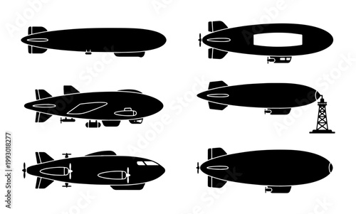Vintage airship silhouette collection, 6 retro zeppelin vector icons, antique dirigible and blimp transport set, black flying steamship graphics