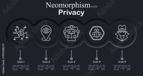 Privacy set icon. Neomorphic circular interface line icons with digital network bug circuit, location marker eye symbol, masked hacker reading laptop screen, insect spyware emblem
