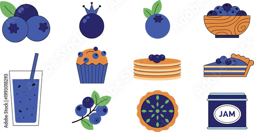 Fresh Blueberry and Bakery Vector Icon Set Featuring Blueberry Muffin, Pancakes, Tart, Smoothie, Jam Jar, and Wooden Fruit Bowl