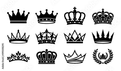 Royal crown silhouettes collection, set of 12 black imperial coronet icons, heraldic king and queen headwear vector, luxury tiara and laurel wreath symbols