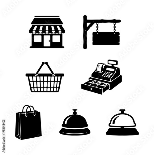 Retail shopping icon set, black silhouette store elements, 7 vector icons including cash register and shopping basket, commercial business symbols
