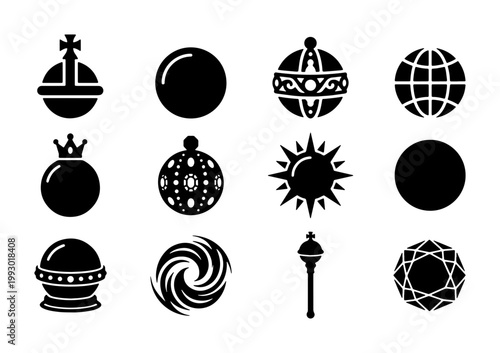Royal regalia and mystical orb icons, set of 12 black silhouette symbols, sovereign globus cruciger and scepter vector elements for heraldry