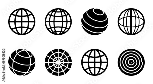 Minimalist globe icon set, 8 black vector earth symbols with grid lines, global communication and logistics web icons for business branding
