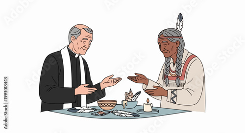 Clergy and indigenous elder sharing meal vector illustration. Religious leader and native american man in traditional attire converse over food.