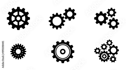 Industrial gear icon set with black mechanical cogwheels, technical machinery hardware elements, 6 vector gear symbols for engineering and manufacturing