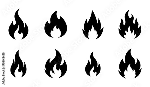 Minimalist fire flame icons set, black silhouette bonfire symbols, collection of 8 flat vector heat and energy signs for logo design and UI