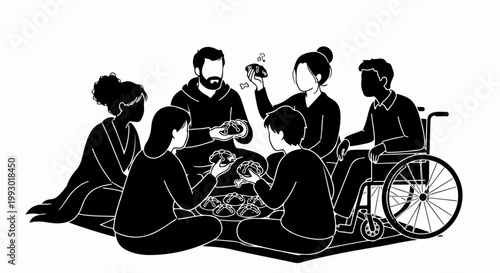 Diverse group enjoying meal together vector illustration. Community gathering with people of different abilities sharing food. Inclusive social event concept for diverse representation.