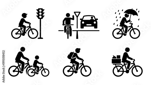 Bicycle safety icons set, cyclist road rules and urban commuting pictograms, black silhouette cycling symbols for traffic education and city transport