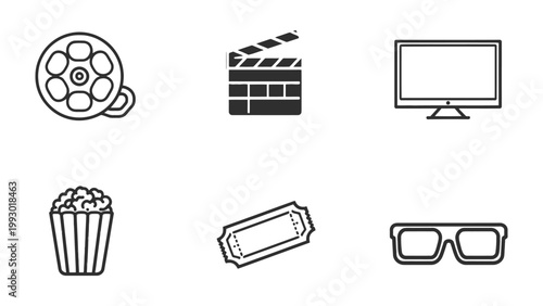 Cinema Icons: A collection of simple, monochromatic illustrations, showcasing key elements synonymous with the world of cinema and movie-watching experience. 