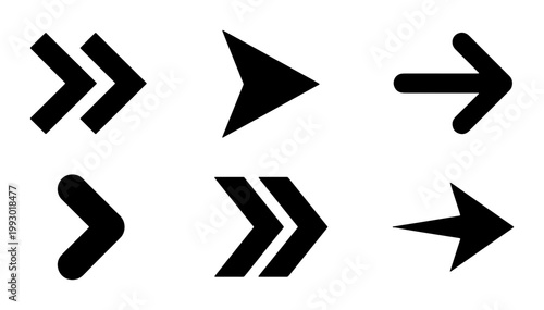 Minimalist black arrow icons set, 6 directional vector symbols, modern navigation pointers and chevron elements for web interface design