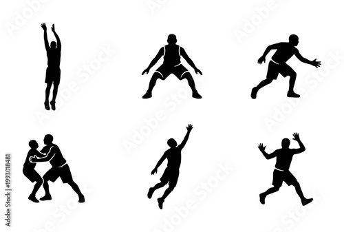 Basketball player silhouettes set, collection of 6 black athlete vector icons, basketball action poses including jumping and dribbling, sports graphics