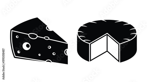 Two black cheese shapes a wedge and a round in silhouette