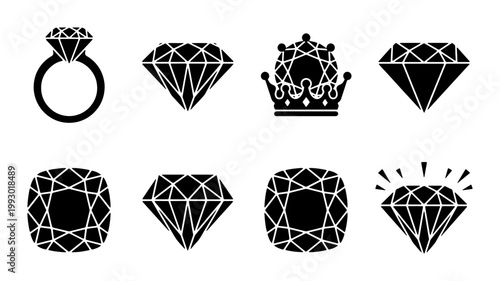 Diamond icon set with 8 black vector elements, luxury jewelry symbols including engagement ring and crown, elegant gemstone silhouettes for branding