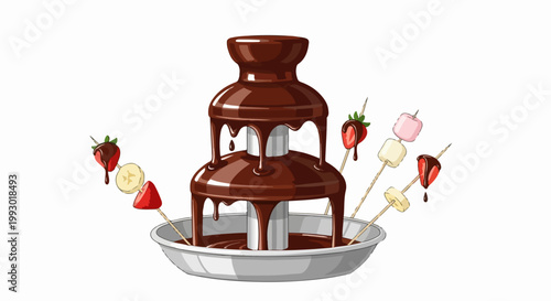 Chocolate fountain vector with fruit skewers and marshmallows for dessert party. Chocolate fountain setup with dipping treats like strawberries and banana slices.